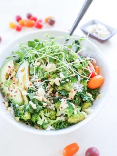 Wasabi Vegetable Bowls with broccoli, spinach, brown rice, microgreens, avocado, and wasabi sauce - a healthy vegan meal