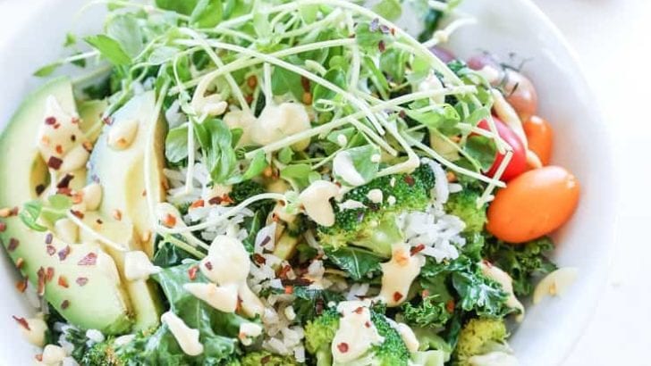 Wasabi Vegetable Bowls with broccoli, spinach, brown rice, microgreens, avocado, and wasabi sauce - a healthy vegan meal