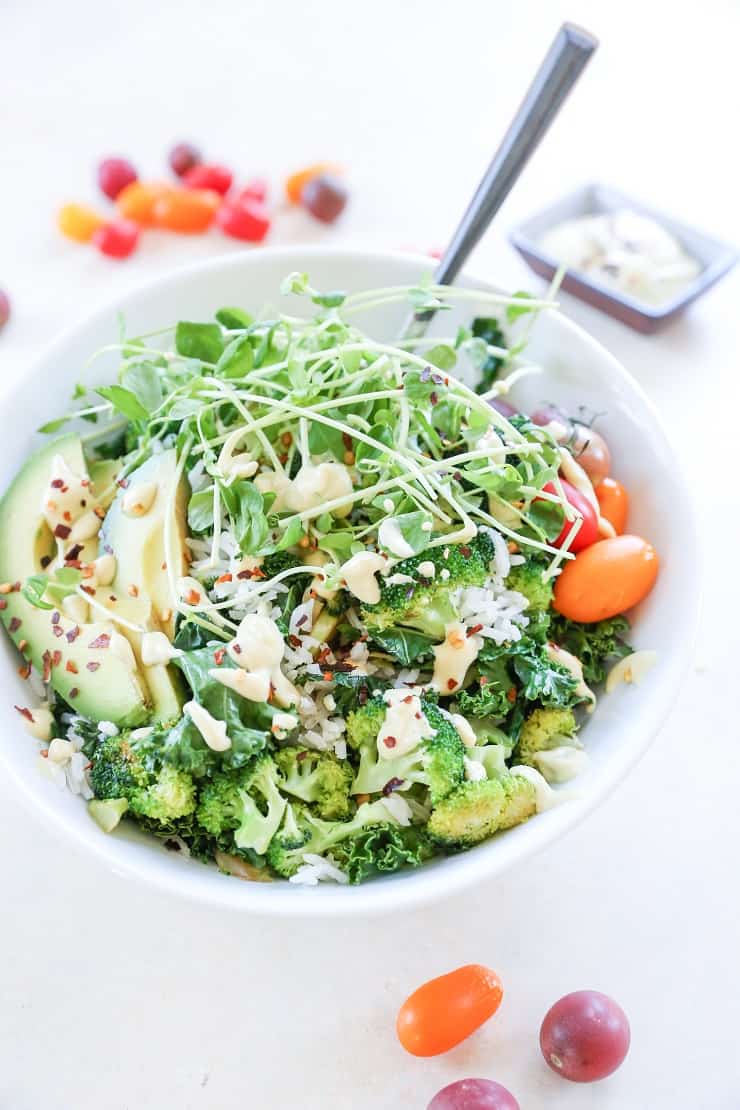 Wasabi Vegetable Bowls with broccoli, spinach, brown rice, microgreens, avocado, and wasabi sauce - a healthy vegan meal