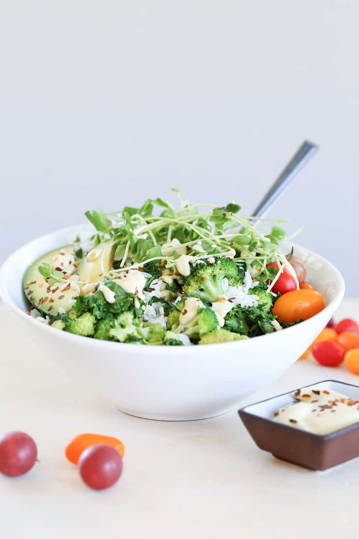 Wasabi Vegetable Bowls with broccoli, spinach, brown rice, microgreens, avocado, and wasabi sauce - a healthy vegan meal