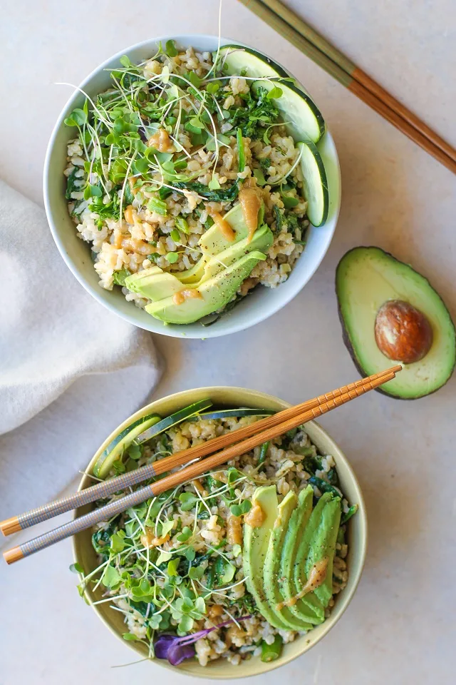 Wasabi Vegetable Bowls with broccolini , spinach, cucumber, avocado, and creamy wasabi sauce | TheRoastedRoot.net #vegan #vegetarian #tahini #healthy #recipes