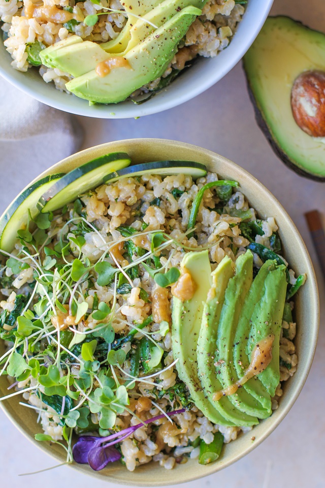 Wasabi Vegetable Bowls with broccolini , spinach, cucumber, avocado, and creamy wasabi sauce | TheRoastedRoot.net #vegan #vegetarian #tahini #healthy #recipes