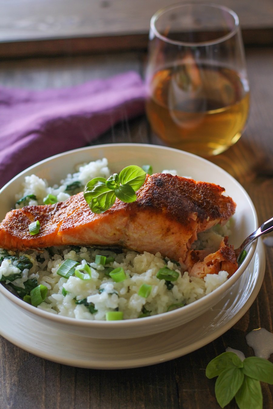 Crispy Curried Salmon with Basil Coconut Rice | TheRoastedRoot.net #healthy #dinner #recipe #glutenfree