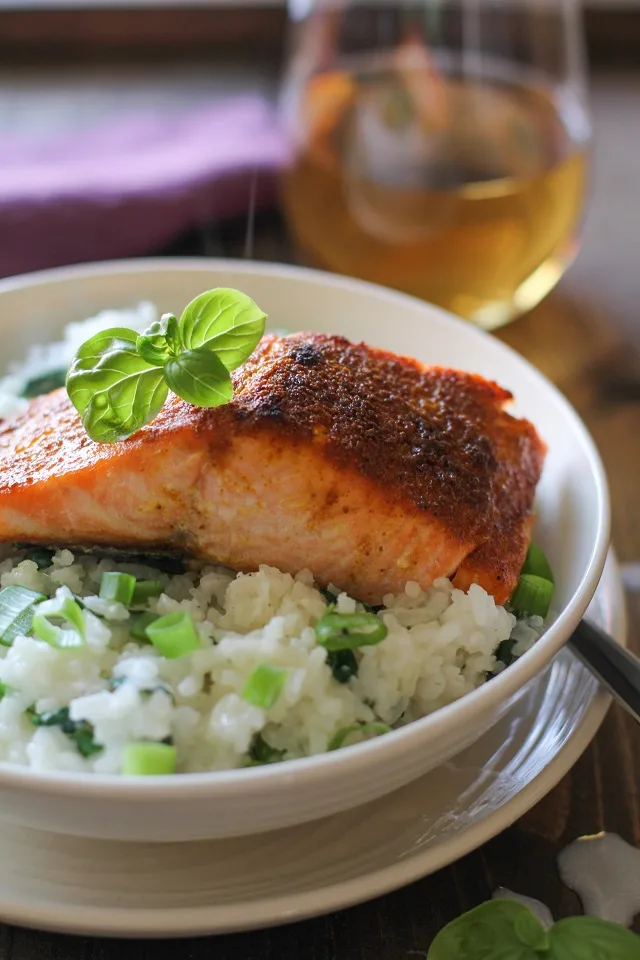 Crispy Curried Salmon with Basil Coconut Rice | TheRoastedRoot.net #healthy #dinner #recipe #glutenfree
