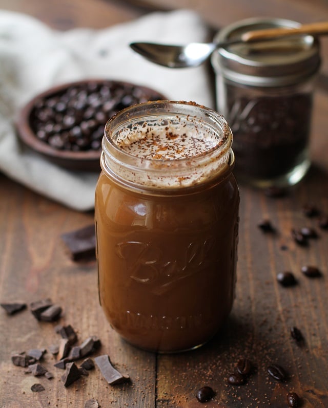 Dairy-Free, naturally sweetened mocha recipe using cacao powder and pure maple syrup | TheRoastedRoot.net #healthy #coffee #drink