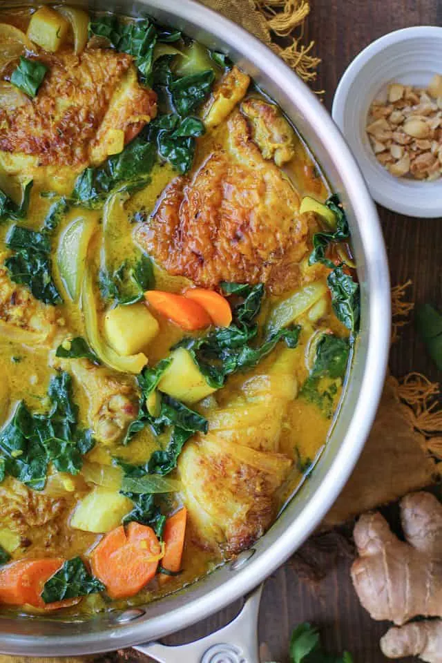 Ginger-Turmeric Braised Chicken with Rice and Root Vegetables - an incredibly nutritious one-pot meal. #paleo #healthy