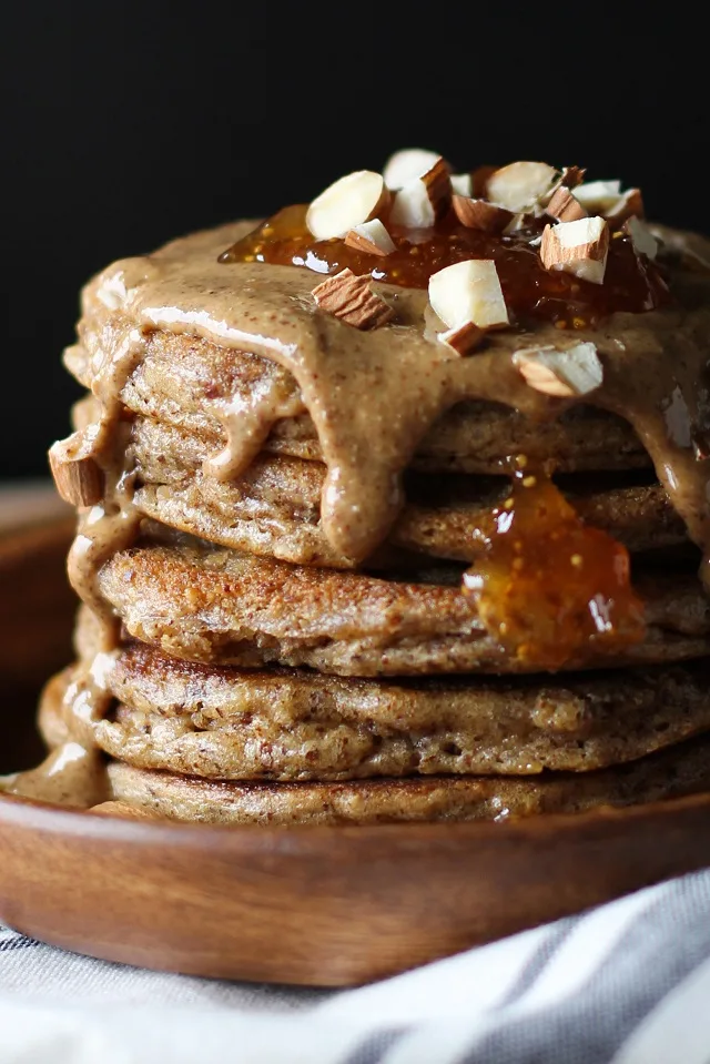 Grain-Free Protein Pancakes made with almond butter and almond flour | TheRoastedRoot.net #healthy #breakfast #recipe #glutenfree