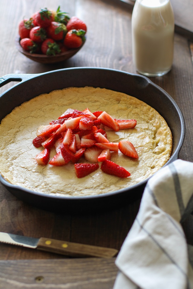 Grain-Free Dutch Baby Pancake made with almond flour and macadamia nut milk | TheRoastedRoot.net #recipe #breakfast #brunch #paleo