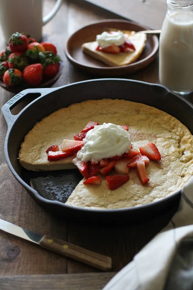 Grain-Free Dutch Baby Pancake made with almond flour and macadamia nut milk | TheRoastedRoot.net #recipe #breakfast #brunch #paleo