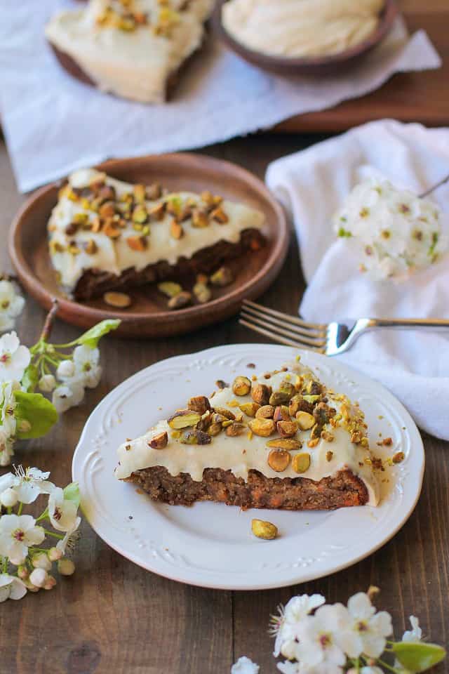 Grain-Free Vegan Carrot Cake - made with almond flour, flax eggs, and naturally sweetened with pure maple syrup | TheRoastedRoot.net #glutenfree #healthy #dessert #brunch