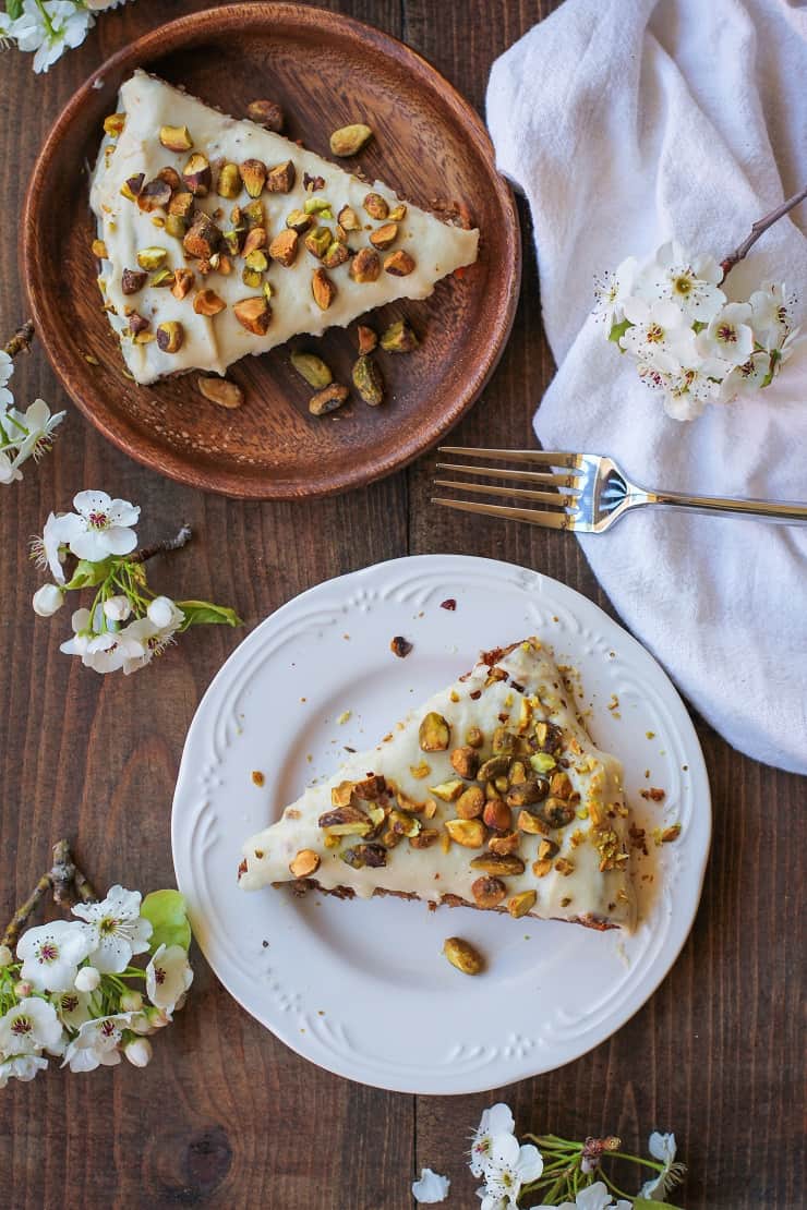 Grain-Free Vegan Carrot Cake made with almond flour and flax eggs. Refined sugar-free, paleo, and healthy