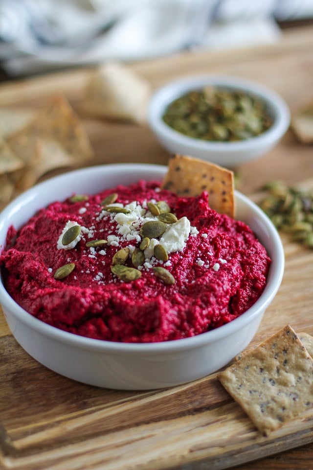 Roasted Beet and Garlic Hummus | TheRoastedRoot.net #superfood #appetizer #recipe #healthy