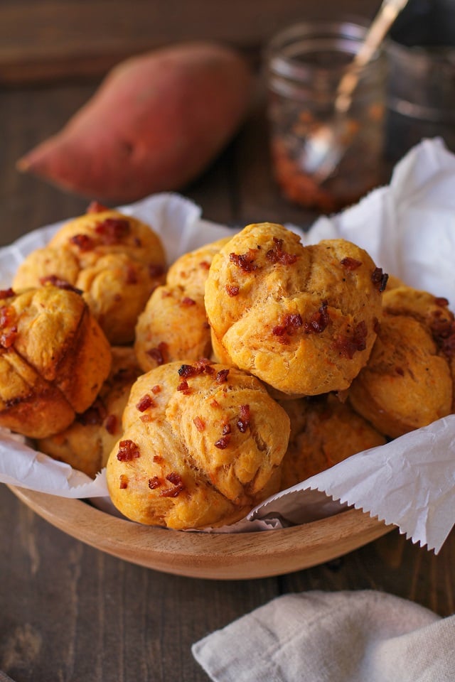 Sweet Potato Pull Apart Rolls with Maple Bacon Glaze | TheRoastedRoot.net #bread #recipe #brunch