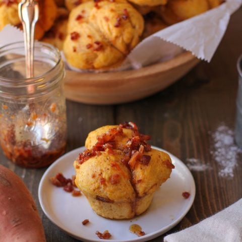 Sweet Potato Pull Apart Rolls with Maple Bacon Glaze | TheRoastedRoot.net #bread #recipe #brunch