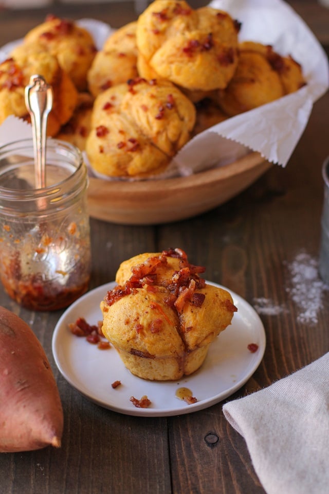 Sweet Potato Pull Apart Rolls with Maple Bacon Glaze | TheRoastedRoot.net #bread #recipe #brunch