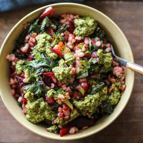 Broccoli, Beet, and Kale Brown Rice Bowls with Pesto