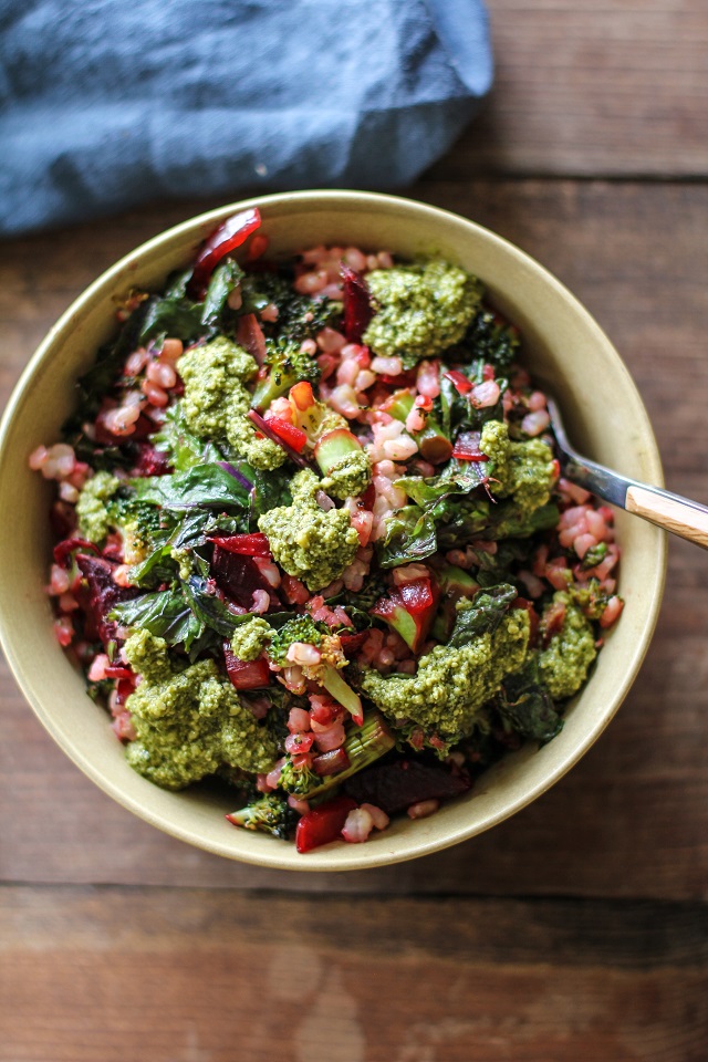 Broccoli, Beet, and Kale Brown Rice Bowls with Pesto Sauce - a healthy, filling vegetarian meal | TheRoastedRoot.net #vegetarian #dinner #recipe