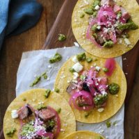 Coffee-Rubbed Grilled Tri-Tip Tacos with Chimichurri Sauce, cotija cheese, and pickled red onions | TheRoastedRoot.net #healthy #dinner #recipe #glutenfree