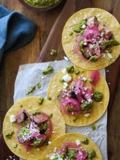 Coffee-Rubbed Grilled Tri-Tip Tacos with Chimichurri Sauce, cotija cheese, and pickled red onions | TheRoastedRoot.net #healthy #dinner #recipe #glutenfree