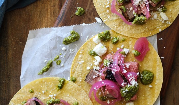 Coffee-Rubbed Grilled Tri-Tip Tacos with Chimichurri Sauce, cotija cheese, and pickled red onions | TheRoastedRoot.net #healthy #dinner #recipe #glutenfree