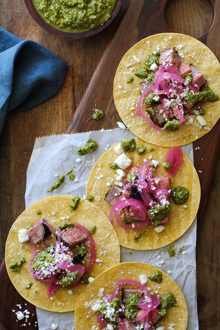 Coffee-Rubbed Grilled Tri-Tip Tacos with Chimichurri Sauce, cotija cheese, and pickled red onions | TheRoastedRoot.net #healthy #dinner #recipe #glutenfree