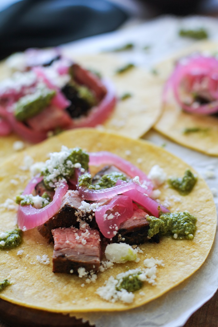 Coffee-Rubbed Grilled Tri-Tip Tacos with Chimichurri Sauce, cotija cheese, and pickled red onions | TheRoastedRoot.net #healthy #dinner #recipe #glutenfree