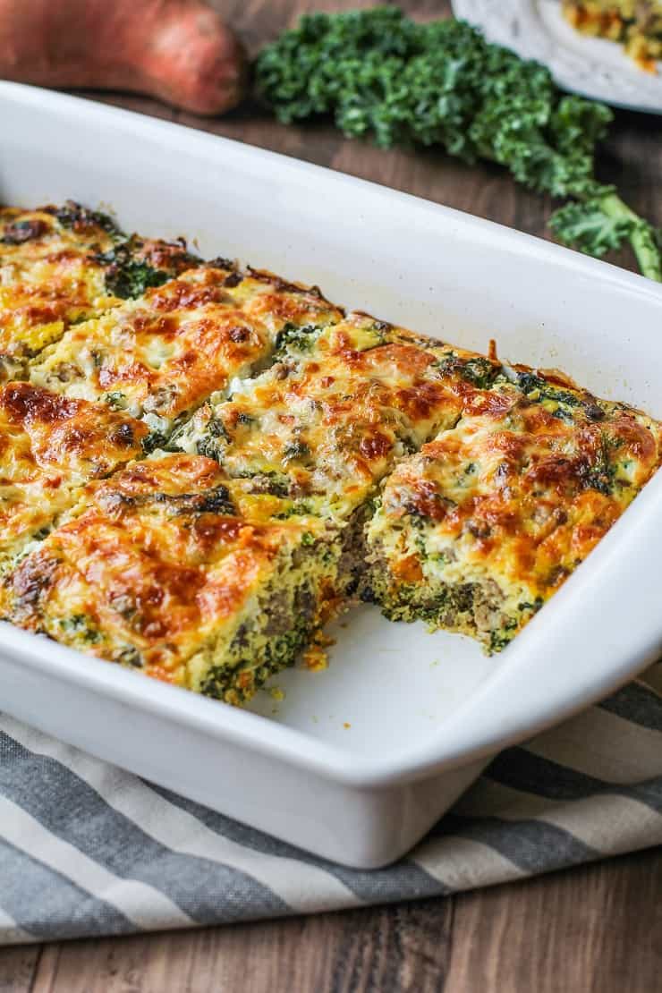 Sweet Potato, Sausage, Kale Breakfast Casserole - an easy, healthy breakfast recipe perfect for feeding the whole family | TheRoastedRoot.com