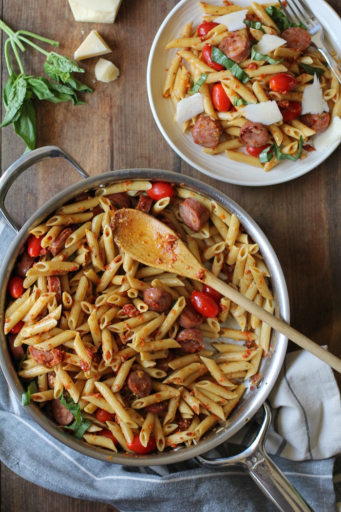 30-Minute Sausage Pasta with Sun-Dried Tomato Pesto - The Roasted Root