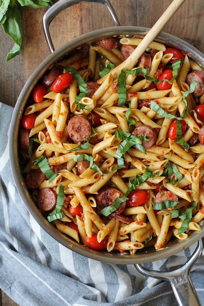 30-Minute Gluten-Free Sausage Pasta with Sun-Dried Tomato Pesto Sauce