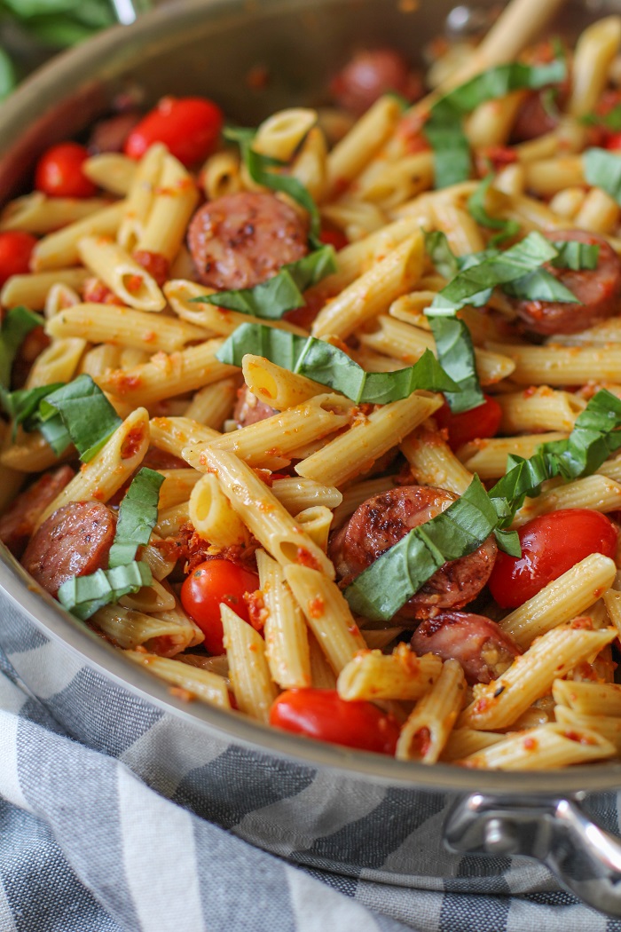 30-Minute Gluten-Free Sausage Pasta with Sun-Dried Tomato Pesto Sauce