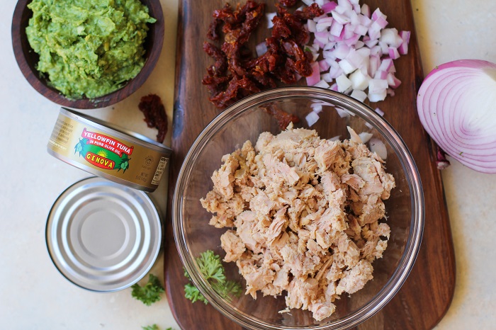 Avocado Pesto Tuna Salad with Sun-Dried Tomatoes - mayo-free and healthy! | TheRoastedRoot.net #recipe #lunch @genovaseafood