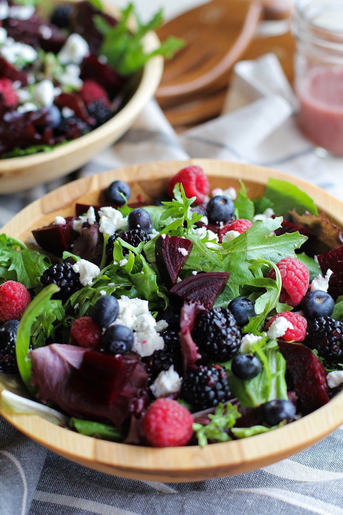 Beet and Berry Salad with Raspberry-Fig Vinaigrette | TheRoastedRoot.net #healthy #vegetarian #recipe