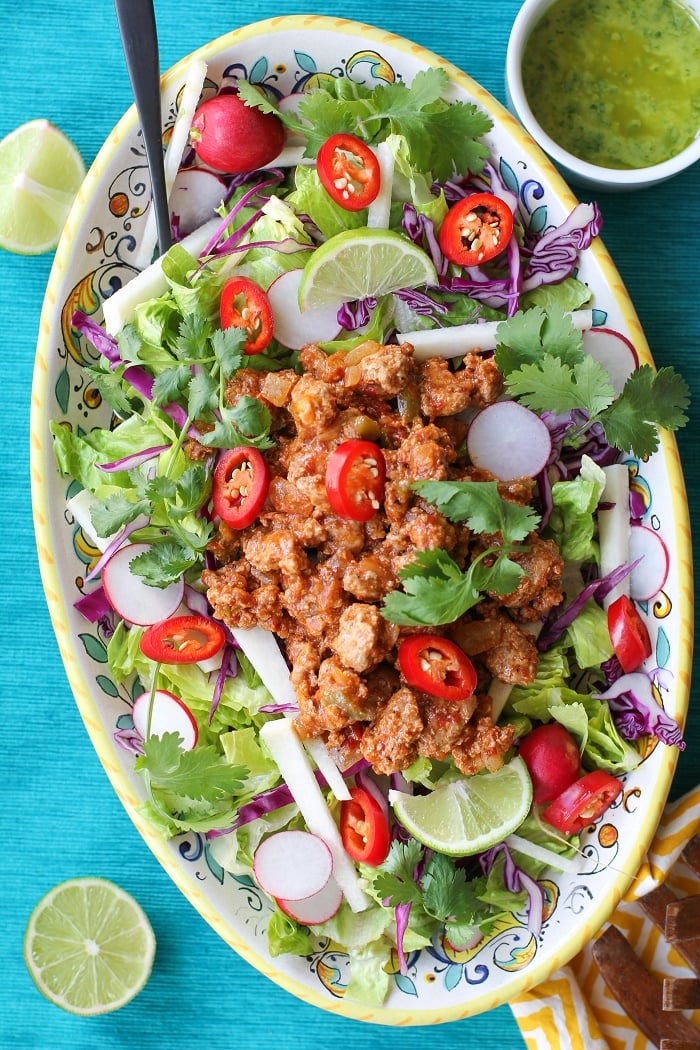 Crunchy Taco Salad with Spiced Turkey and Cilantro-Lime Vinaigrette from Heather Christo's cookbook, Pure Delicious | TheRoastedRoot.net #healthy #dinner #recipe #paleo