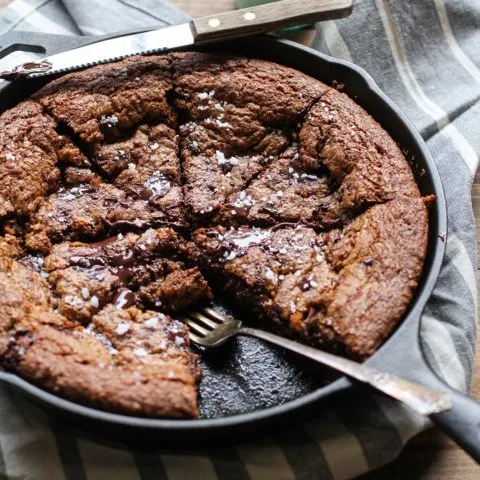 Deep Dish Paleo Salted Chocolate Chip Cookie - grain-free, refined sugar-free, made with tiger nut flour and coconut sugar | TheRoastedRoot.net #dessert #glutenfree #healthy #recipe #chocolate