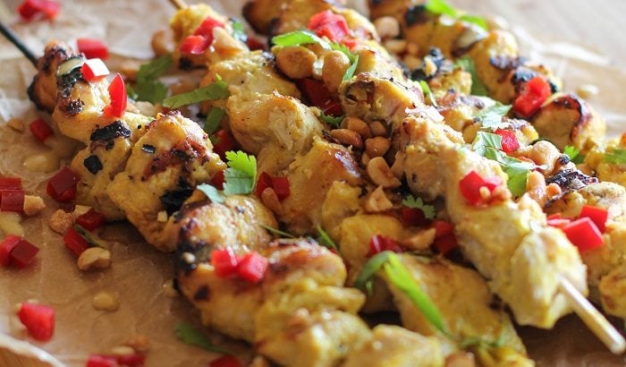 Hummus-Marinated Chicken Satay | TheRoastedRoot.net #healthy #recipe #appetizer #NationalHummusDay #UnofficialMeal @sabradippingco