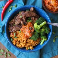 Korean Bulgogi and Rice Bowls with broccoli and kimchi | TheRoastedRoot.net #healthy #dinner #recipe