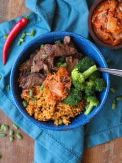 Korean Bulgogi and Rice Bowls with broccoli and kimchi | TheRoastedRoot.net #healthy #dinner #recipe