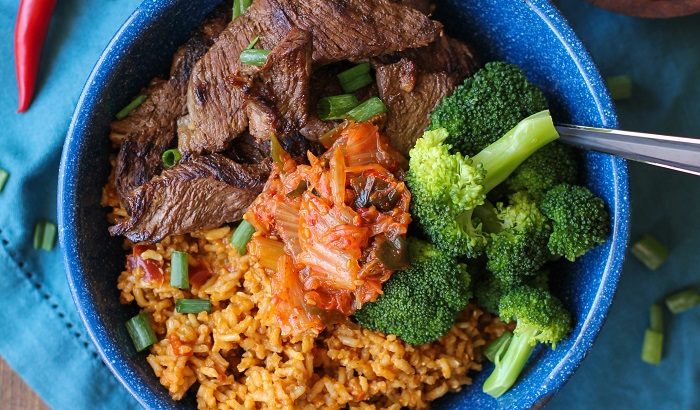 Korean Bulgogi and Rice Bowls with broccoli and kimchi | TheRoastedRoot.net #healthy #dinner #recipe