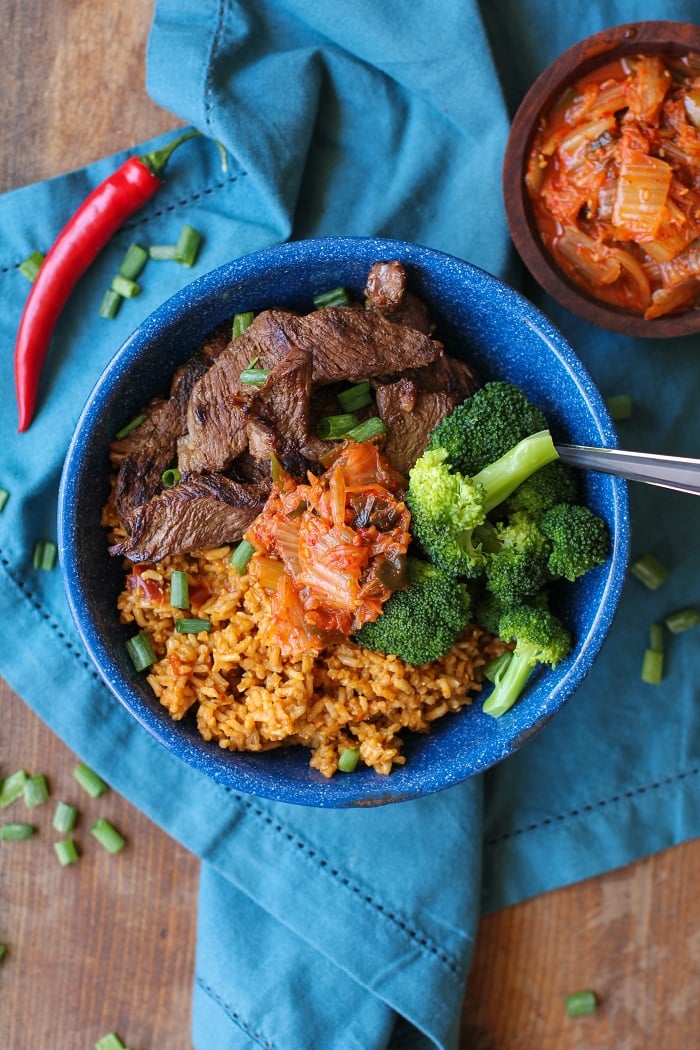 Korean Bulgogi and Rice Bowls with broccoli and kimchi | TheRoastedRoot.net #healthy #dinner #recipe