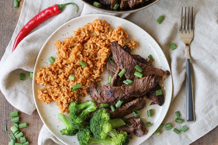 Korean Bulgogi and Rice Bowls with broccoli and kimchi | TheRoastedRoot.net #healthy #dinner #recipe