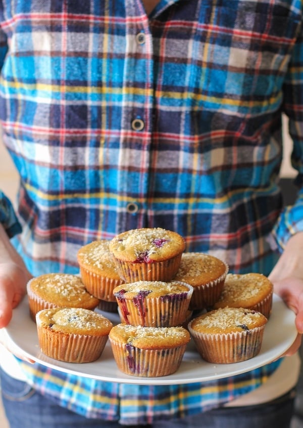 Paleo Blueberry Muffins - grain-free, refined sugar free, dairy free - made with coconut flour, tapioca flour, and honey #healthy #recipe #glutenfree