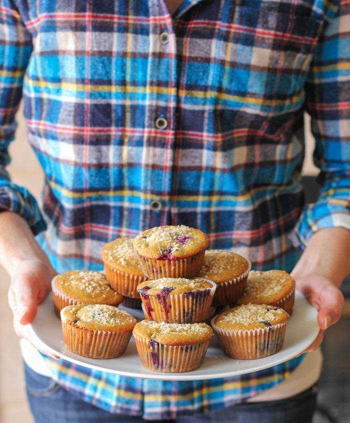 Paleo Blueberry Muffins - grain-free, refined sugar free, dairy free - made with coconut flour, tapioca flour, and honey #healthy #recipe #glutenfree