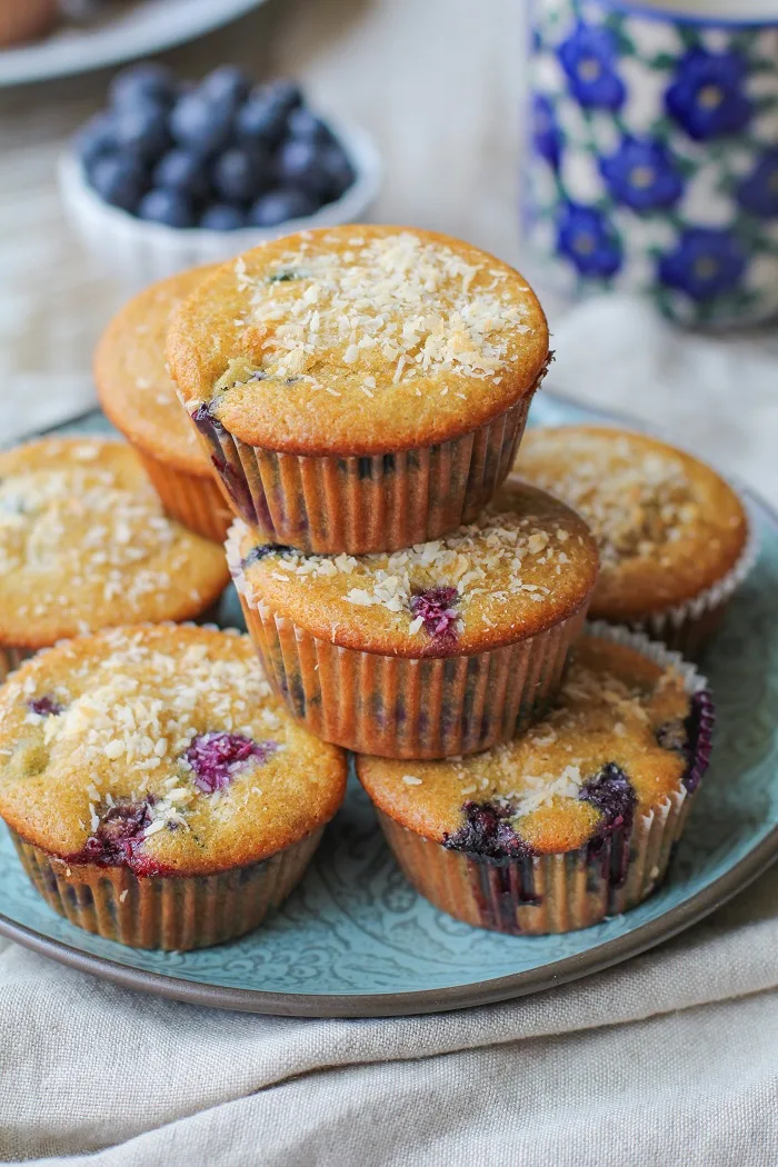 Paleo Blueberry Muffins - grain-free, refined sugar free, dairy free - made with coconut flour, tapioca flour, and honey #healthy #recipe #glutenfree