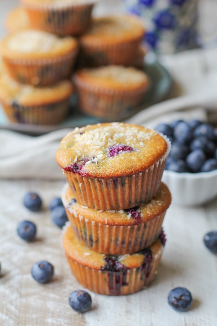 Paleo Blueberry Muffins - grain-free, refined sugar free, dairy free - made with coconut flour, tapioca flour, and honey #healthy #recipe #glutenfree