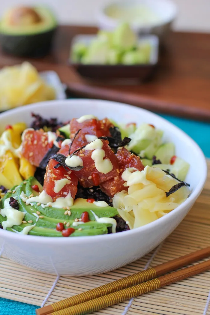 Ahi Poke Sushi Bowls with Wasabi Mayo | TheRoastedRoot.net #healthy #dinner #recipe #glutenfree