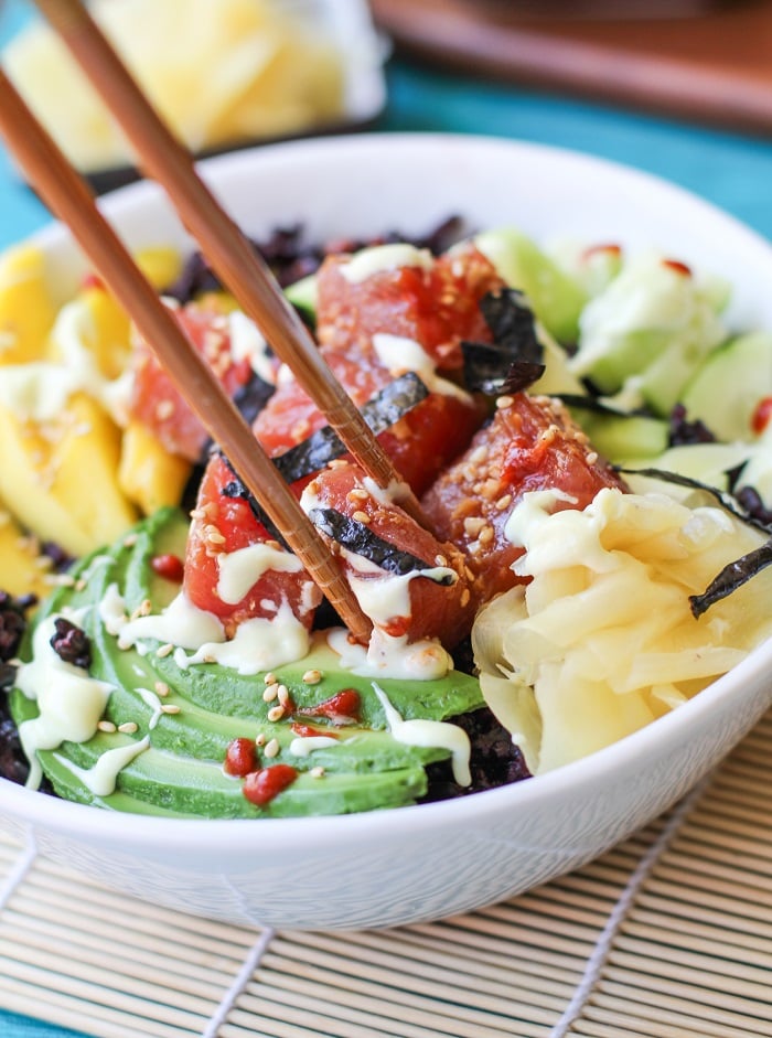 Ahi Poke Sushi Bowls with Wasabi Mayo | TheRoastedRoot.net #healthy #dinner #recipe #glutenfree
