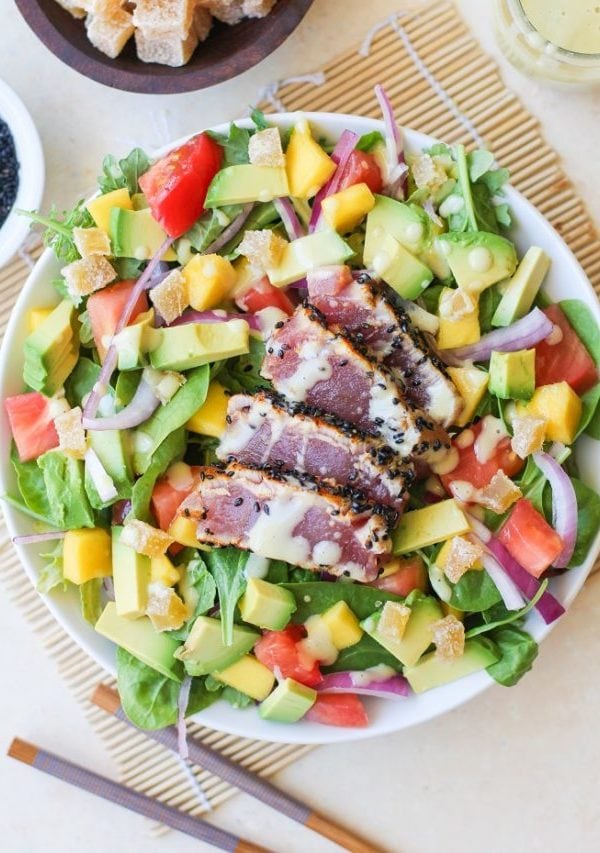 Seared Ahi Salad with Creamy Wasabi Dressing | TheRoastedRoot.net #healthy #dinner #recipe