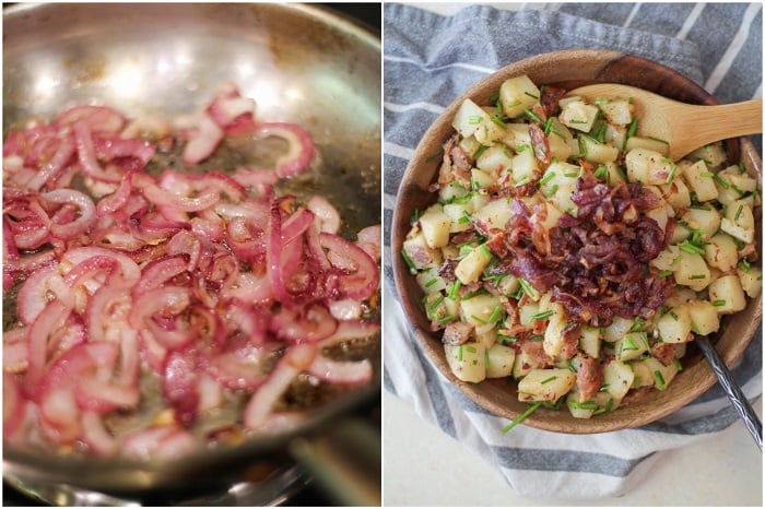 German-Style Potato Salad with bacon, caramelized onions, and chives | TheRoastedRoot.net #sidedish #recipe #picnic #bbq #summer #4thofjuly