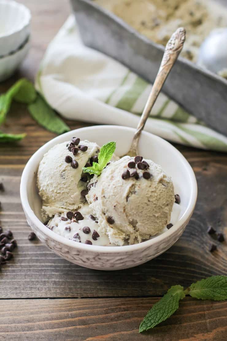 Paleo Mint Chocolate Chip Ice Cream made with coconut milk, avocado, and pure maple syrup for a vegan ice cream recipe