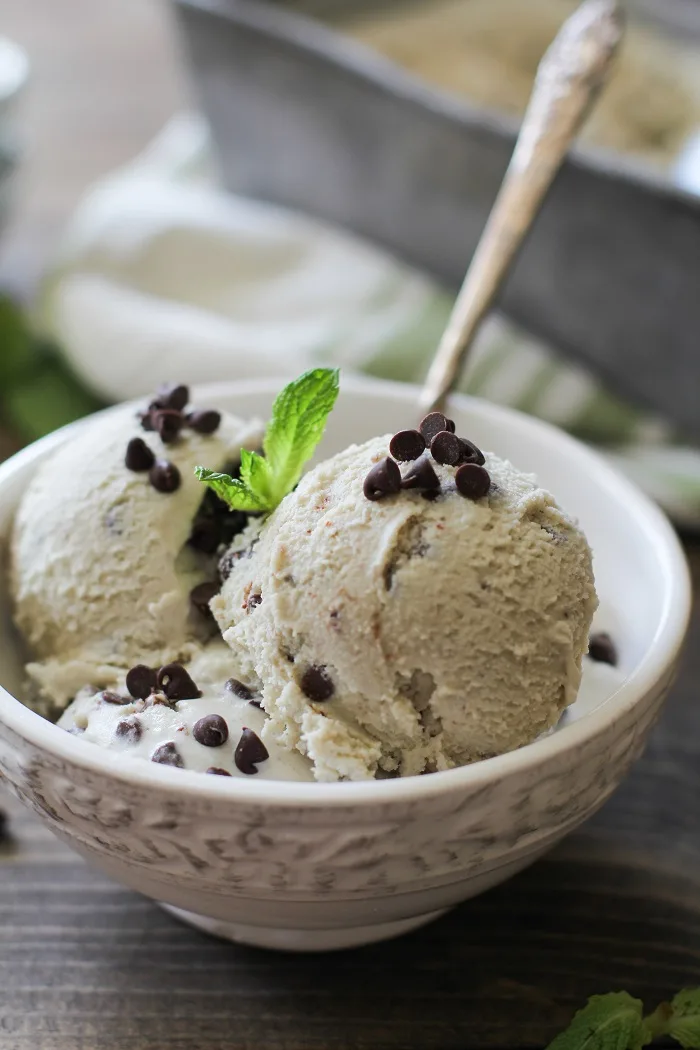 Paleo Mint Chocolate Chip Ice Cream made with coconut milk, avocado, and pure maple syrup for a vegan ice cream recipe